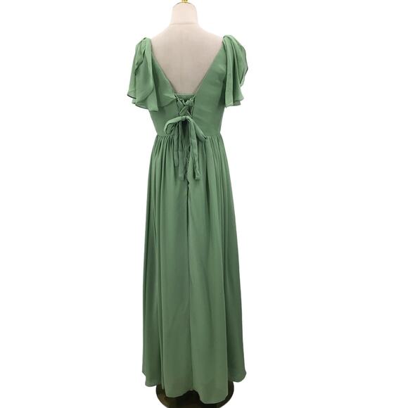 BRIDESMAID SZ 12 L Green Vneck draped sleeve lace up maxi formal dress NEW B49 - Picture 2 of 9